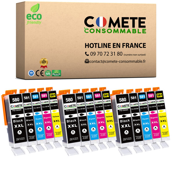 COMETE, Entreprise française - 580XL 581XL - 15 Cartouches d'encre Compatibles avec Canon PGI-580 CLI-581/ PGI580 CLI581 pour Canon Pixma TS9550 TS6550 TR8550 TR7550 (6 Noir 3 Cyan 3 Magenta 3 Jaune)
