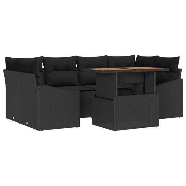 vidaXL Ensemble de salle à manger de jardin de 7 pièces avec coussins en poly rattan noir et acacia