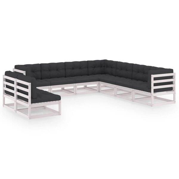 vidaXL Salon de jardin 9 Pièces avec coussins Blanc Bois de pin massif