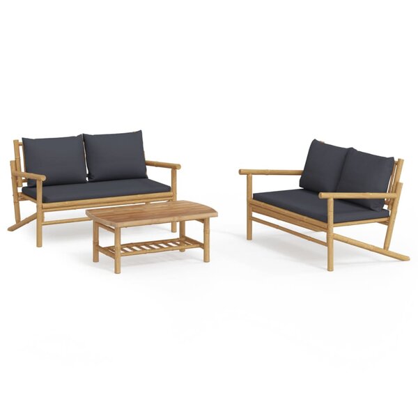 vidaXL Salon de jardin 3 Pièces avec coussins gris foncé bambou
