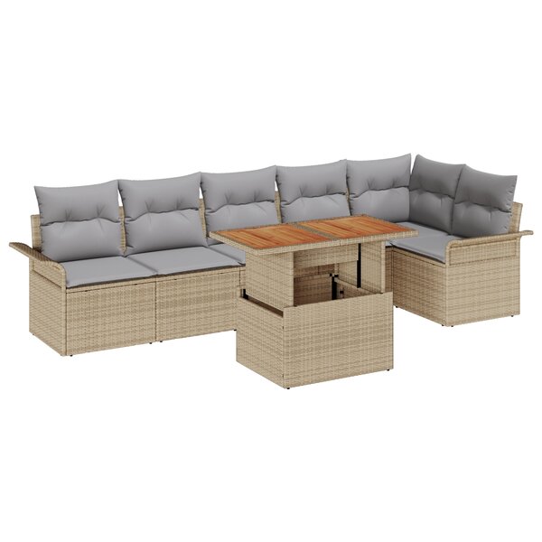 vidaXL Ensemble de dîner de jardin de 7 pièces avec coussins Beige Poly Rattan Acacia