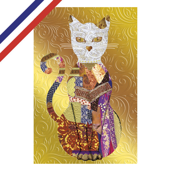 Carte double de vœux chat doré et motifs