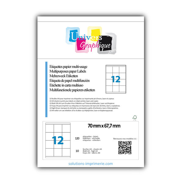 Lot de 10 planches a4 de 12 étiquettes à bords vifs 70 x 67 7 mm en papier blanc 70g/m² multifonction
