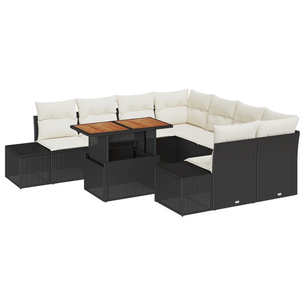 vidaXL Ensemble de salle à manger de jardin de 9 pièces avec coussins en poly rotin noir et acacia