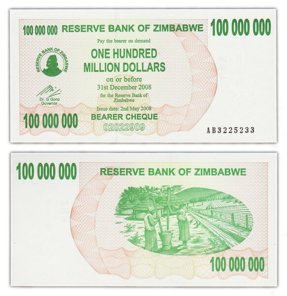 Billet de collection 100 000 000 dollars 2008 zimbabwe - neuf - p58 - 100 millions