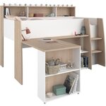 Lit combiné enfant avec bureau rétractable - blanc et chêne - 90x 200 cm - Sommier inclus -THEO