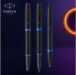 Stylo bille Parker IM Vibrant Rings  Satin noir laqué  attributs bleu océan  recharge d’encre bleue pointe moyenne  Coffret cadeau