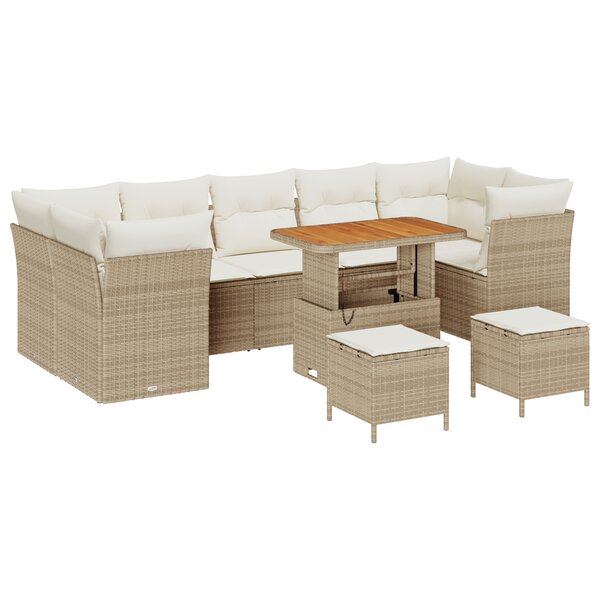 Ensemble de sofa de jardin de 10 pièces avec coussins beige en poly-rattan acacia
