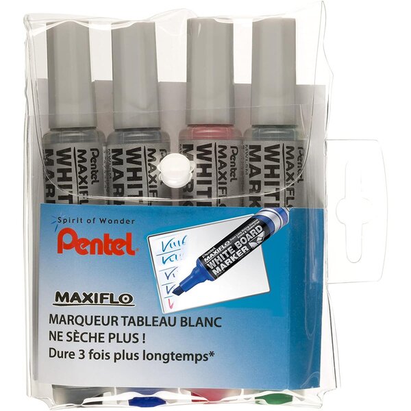 Pochette de 4 marqueurs tableaux blancs maxiflo mwl6 noir rouge bleu vert pentel