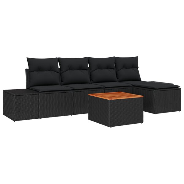vidaXL Ensemble de Canapé de Jardin 6 Pièces avec Coussins Noir Poly Rattan Acacia