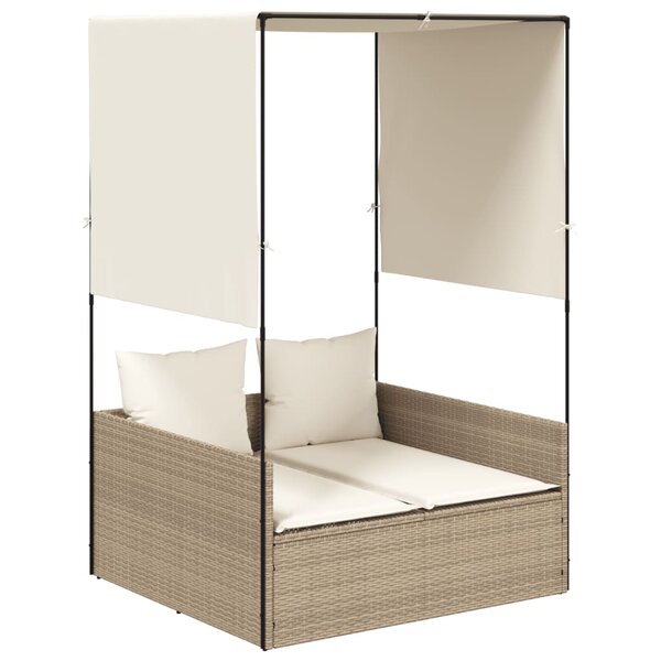 vidaXL Chaise longue double avec toit et rideaux beige résine tressée