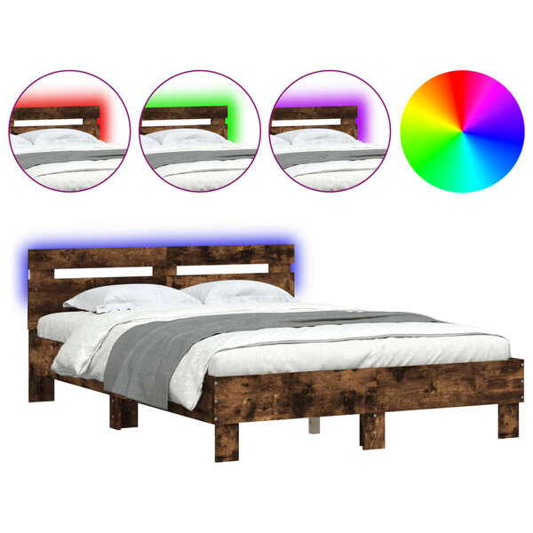 vidaXL Cadre de lit avec tête de lit et LED chêne fumé 120x190 cm