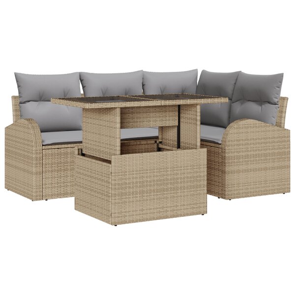 vidaXL Ensemble de Canapé de Jardin 5 Pièces avec Coussins en Rattan Poly Beige