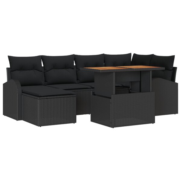 vidaXL Ensemble de salle à manger de jardin 7 pièces avec coussins noir poly rotin acacia