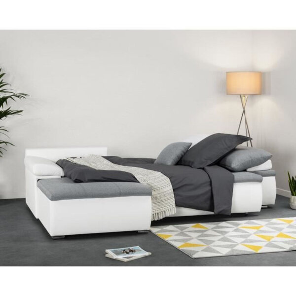 Canapé d'angle réversible convertible 3 places + Coffre - Simili blanc et tissu gris - 274 x 184 cm