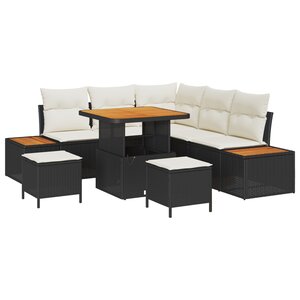 Ensemble de canapé de jardin de 8 pièces avec coussins en rotin noir et acacia