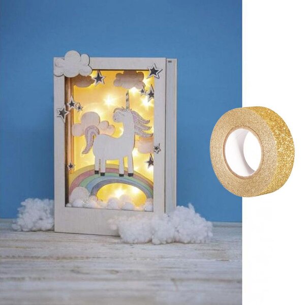 Cadre bois à motif 3D Licorne 20 x 30 cm + masking tape doré à paillettes 5 m