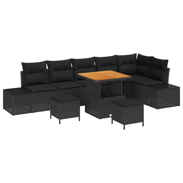 Ensemble de canapé de jardin 9 pièces avec coussins Noirs en Rotin Poly Acacia