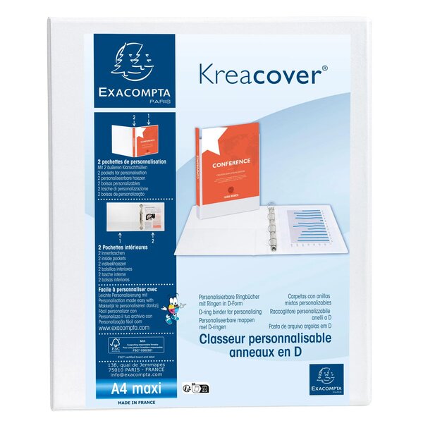 Classeur Personnalisable Rigide 2 Poches Kreacover - 2 Anneaux En D 30mm - A4 Maxi - Blanc - X 10 - Exacompta
