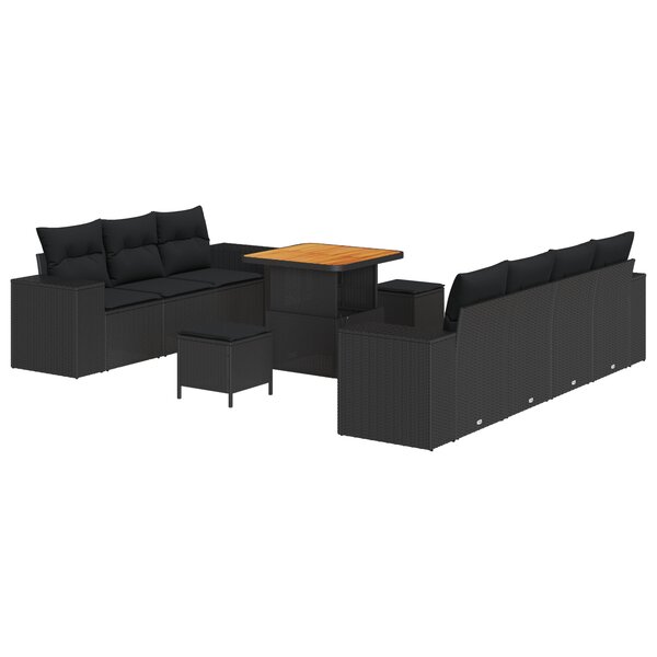 Ensemble de Canapés de Jardin 10 pièces avec Coussins Noir Poly Rattan Acacia