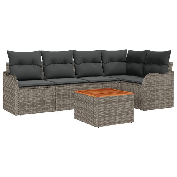 Ensemble de Canapé de Jardin 6 Pièces avec Coussins Gris Rotin Poly Acacia