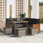 Ensemble de canapé de jardin 9 pièces avec coussins gris en rotin synthétique acacia