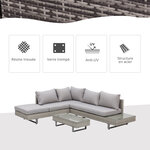 Ensemble salon de jardin d'angle 5 places design contemporain coussins déhoussables table basse acier époxy résine tressée grise