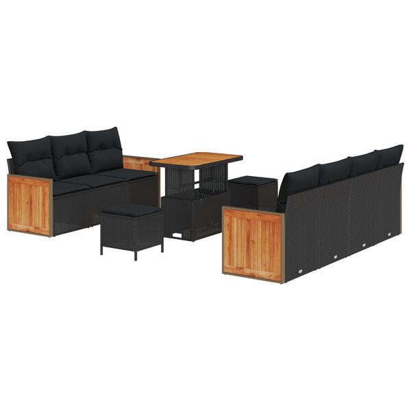 Ensemble de Canapés de Jardin 10 Pièces avec Coussins Rattan Poly Noir Acacia