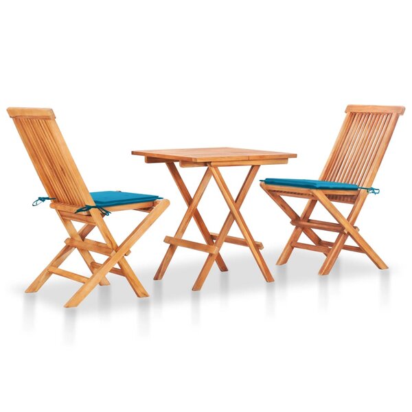 vidaXL Ensemble de bistro 3 Pièces avec coussins bleu Bois de teck massif