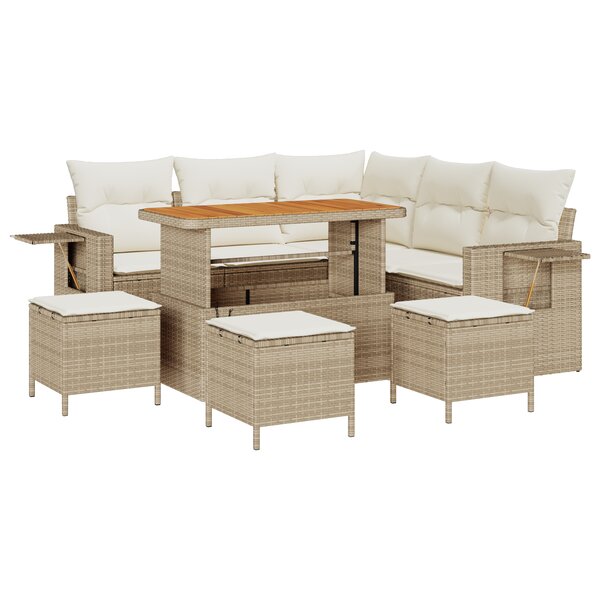 Canapé de jardin 9 pièces avec coussins beige poly rotin acacia