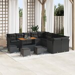 Ensemble de canapés de jardin 14 pièces avec coussins en poly rattan noir et acacia