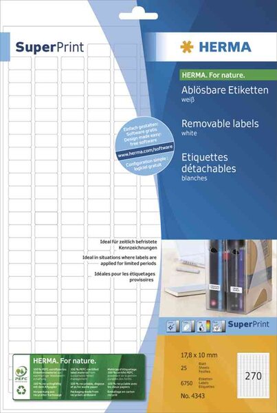 Étiquettes superprint, 96x63,5mm, détachables,blanches, sur 25f a4 herma