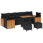 Set de Canapé de jardin 10 pièces avec coussins Noirs en Poly Rattan Acacia
