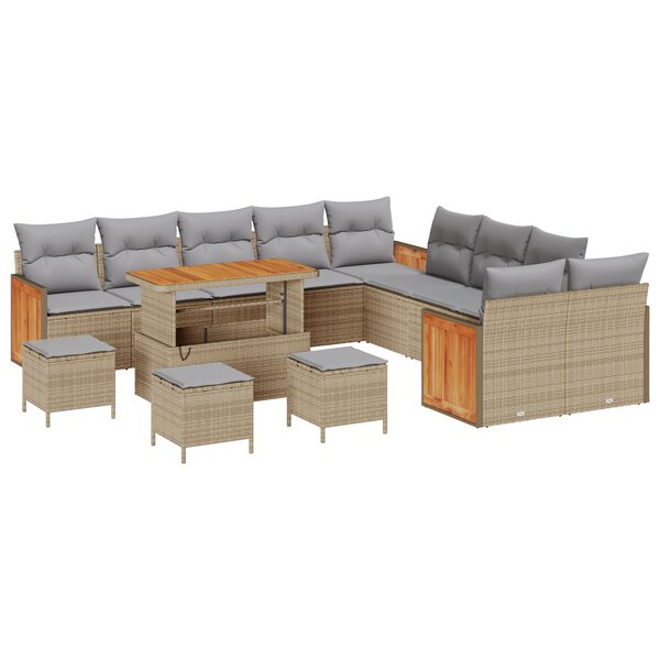 Set de canapé de jardin vidaXL de 14 pièces avec coussins Beige Poly Rattan Acacia