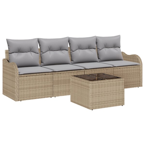Canapé de Jardin 5 Pièces avec Coussins Beige Rotin Poly