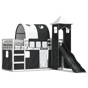 vidaXL Lit superposé avec toboggan et rideaux blanc et noir 90x190 cm