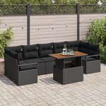 Canapé de jardin 8 pièces avec coussins en poly rotin noir