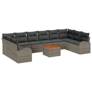 vidaXL Ensemble de Canapé de Jardin 11 Pièces avec Coussins Gris Poly Rattan Acacia