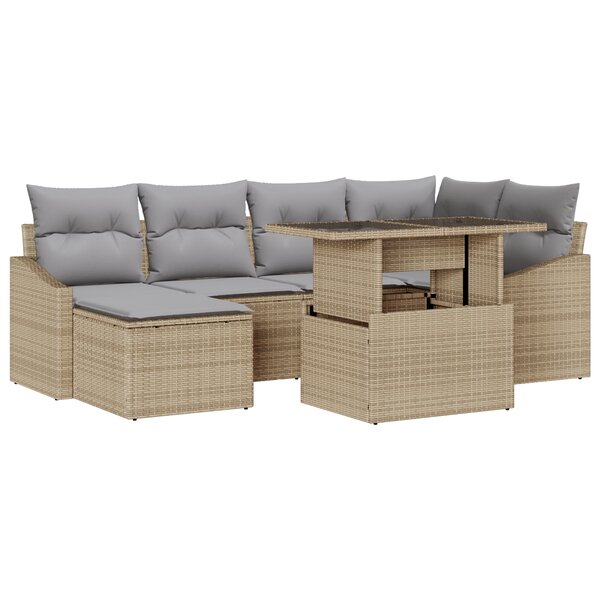 vidaXL Ensemble de Canapés de Jardin 7 Pièces avec Coussins Beige Poly Rattan