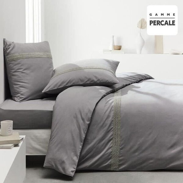 Parure de lit - 220 x 240 cm - 100  Percale finition macramé - Acier