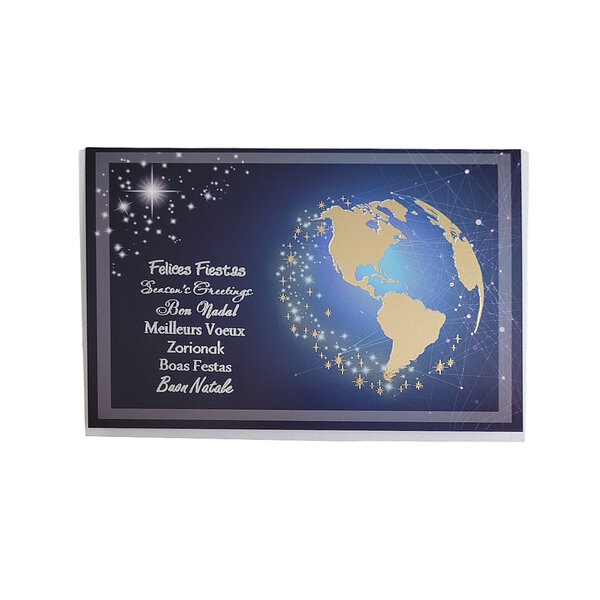 Carte De Voeux - Bonne Année Multilingue Planisphère Fond Bleu