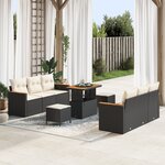 Ensemble 9 pièces de canapés de jardin noir en poly rotin et acacia