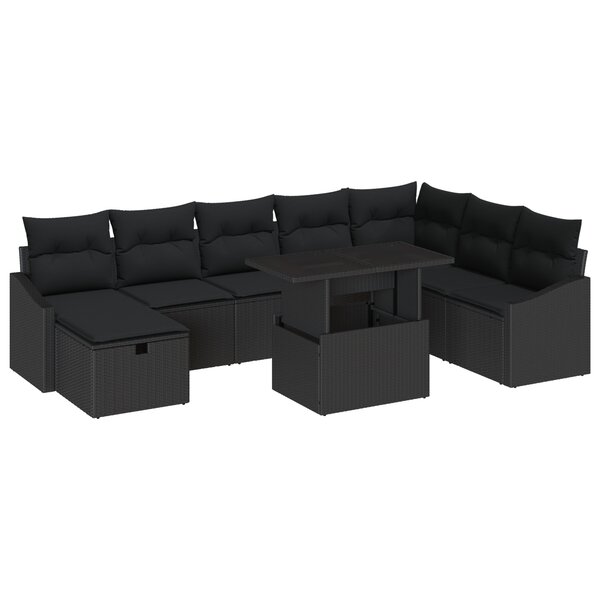 vidaXL Ensemble de canapé de jardin 9 pièces avec coussins noir en rotin polyéthylène