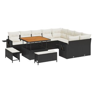Ensemble de canapés jardin 12 pièces coussins noir poly rattan acacia