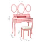vidaXL Coiffeuse avec tabouret et miroir pliable en 3 Rose