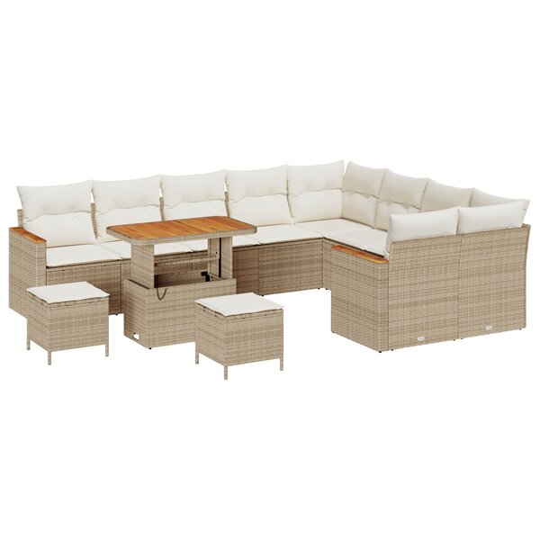Ensemble de canapé de jardin de 12 pièces avec coussins beige en poly rotin et acacia
