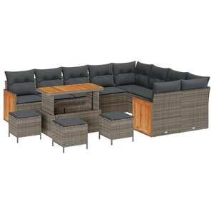 vidaXL Canapé de jardin 13 pièces avec coussins gris poly rotin acacia