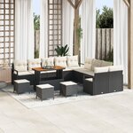 Ensemble de Canapé de Jardin 14 Pièces avec Coussins Noir Poly Rattan Acacia