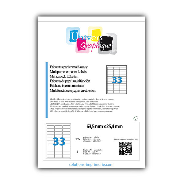 Lot de 5 planches a4 de 33 étiquettes à bords ronds 63 5 x 25 4 mm en papier blanc 70g/m² multifonction