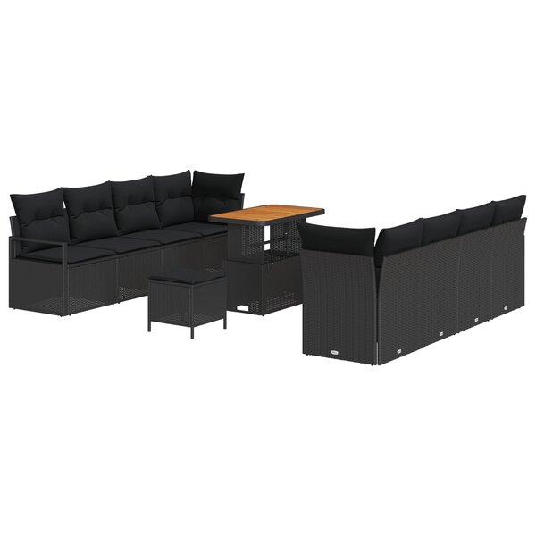 Ensemble de canapé de jardin 11 pièces avec coussins Noir Poly Rattan Acacia